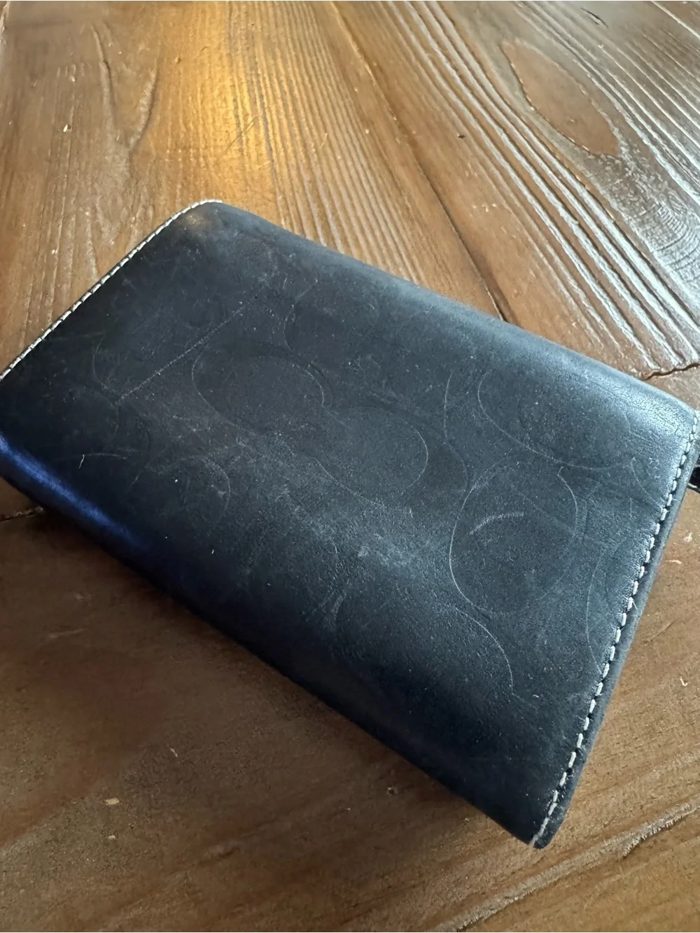 Vintage Coach Black Leather Signature Embossed Trifold Long Wallet